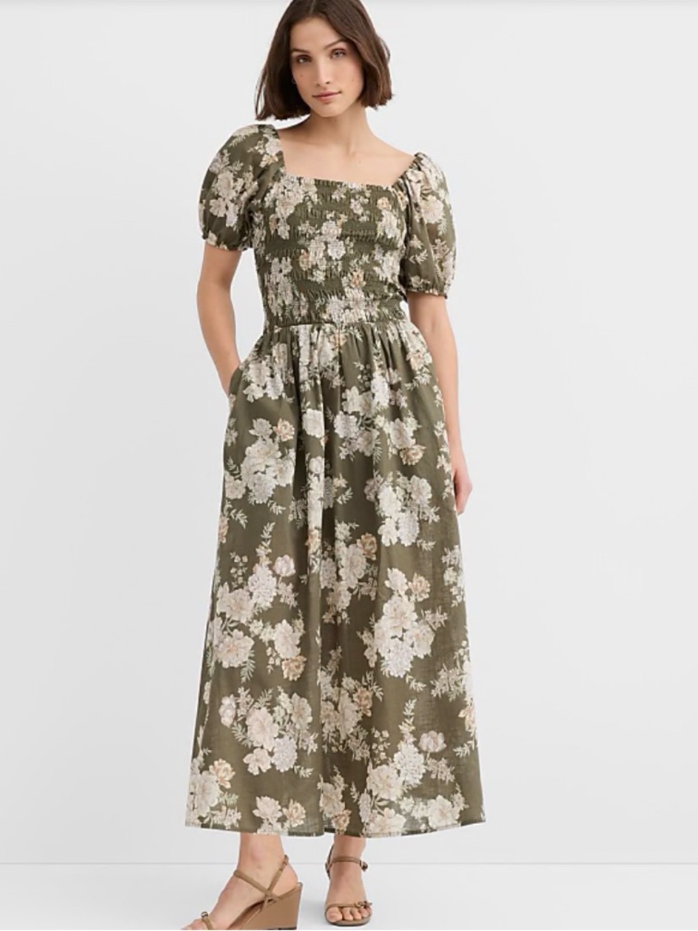 LOFT Olive Floral Smocked Midi Dress - Cottagecore Charm M